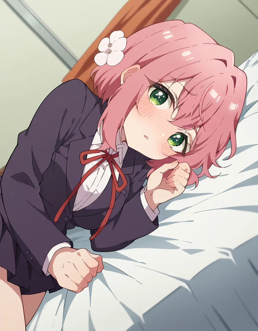 score_9, score_8_up, score_7_up, source_anime,
hakarihanazono, <lora:hakari-hanazono-s1-ponyxl-lora-nochekaiser:1>,
hakari hanazono, short hair, hair ornament, green eyes, pink hair, flower, hair flower, hair between eyes, sidelocks,
skirt, shirt, ribbon, school uniform, blazer, white shirt, pleated skirt, collared shirt, black skirt, red ribbon, neck ribbon,
indoors, bed, bed room, on side, blush, drunk,
looking at viewer, dutch angle, cowboy shot,