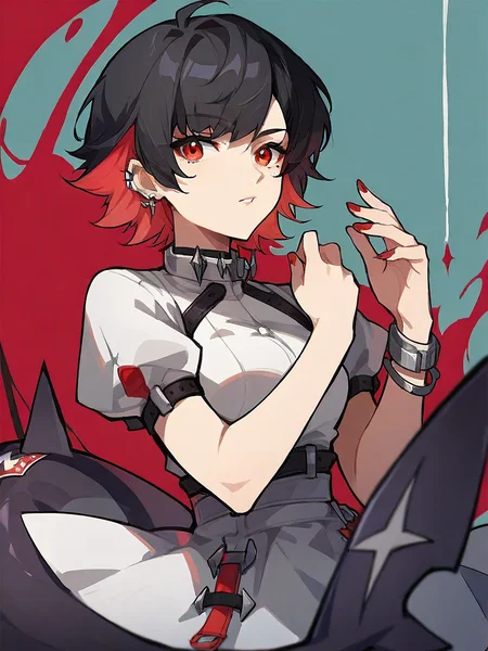 <lora:XL_ellen joe(pony):1>,ellen joe girl,1girl,solo,black hair,multicolored hair,red eyes,short hair,earrings,piercing,shark tail,white dress,, score_9,score_8_up,score_7_up, source_anime,