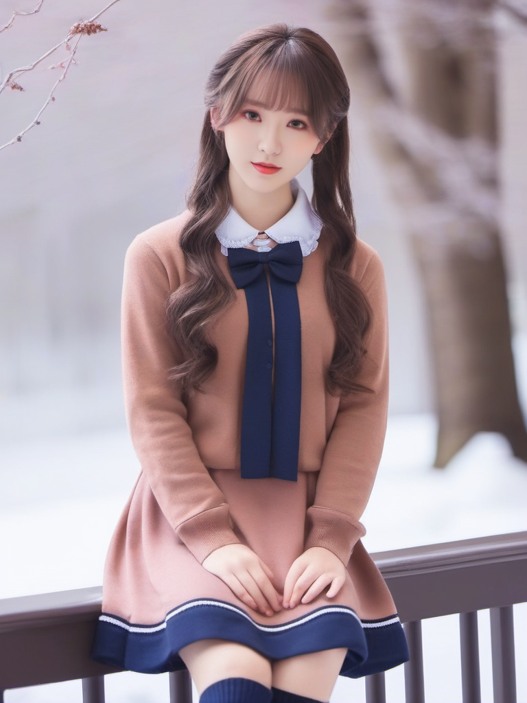 masterpiece, best quality, girl, long hair, looking at viewer, brown cardigan , frilled socks, hair_bow, bowtie, in winter, blush, sweater dress, ,<lora:sl_sila:0.8>