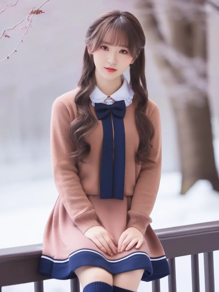 masterpiece, best quality, girl, long hair, looking at viewer, brown cardigan , frilled socks, hair_bow, bowtie, in winter, blush, sweater dress, ,<lora:sl_sila:0.8>