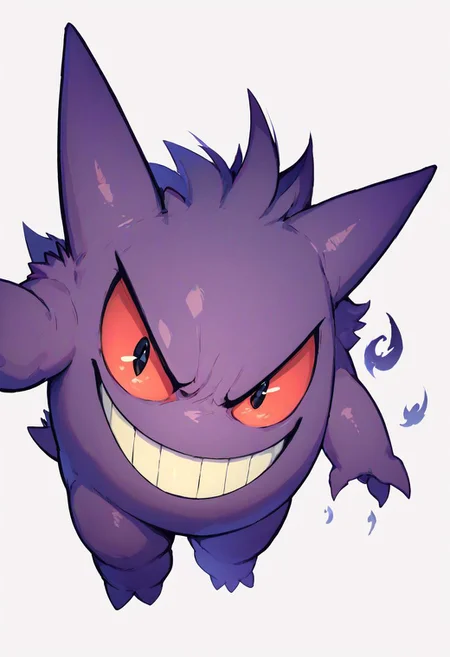 score_9, score_8_up, score_8,
gengar, solo, no humans, red sclera, v-shaped eyebrows, black eyes, evil smile,
floating, looking at viewer, white background,