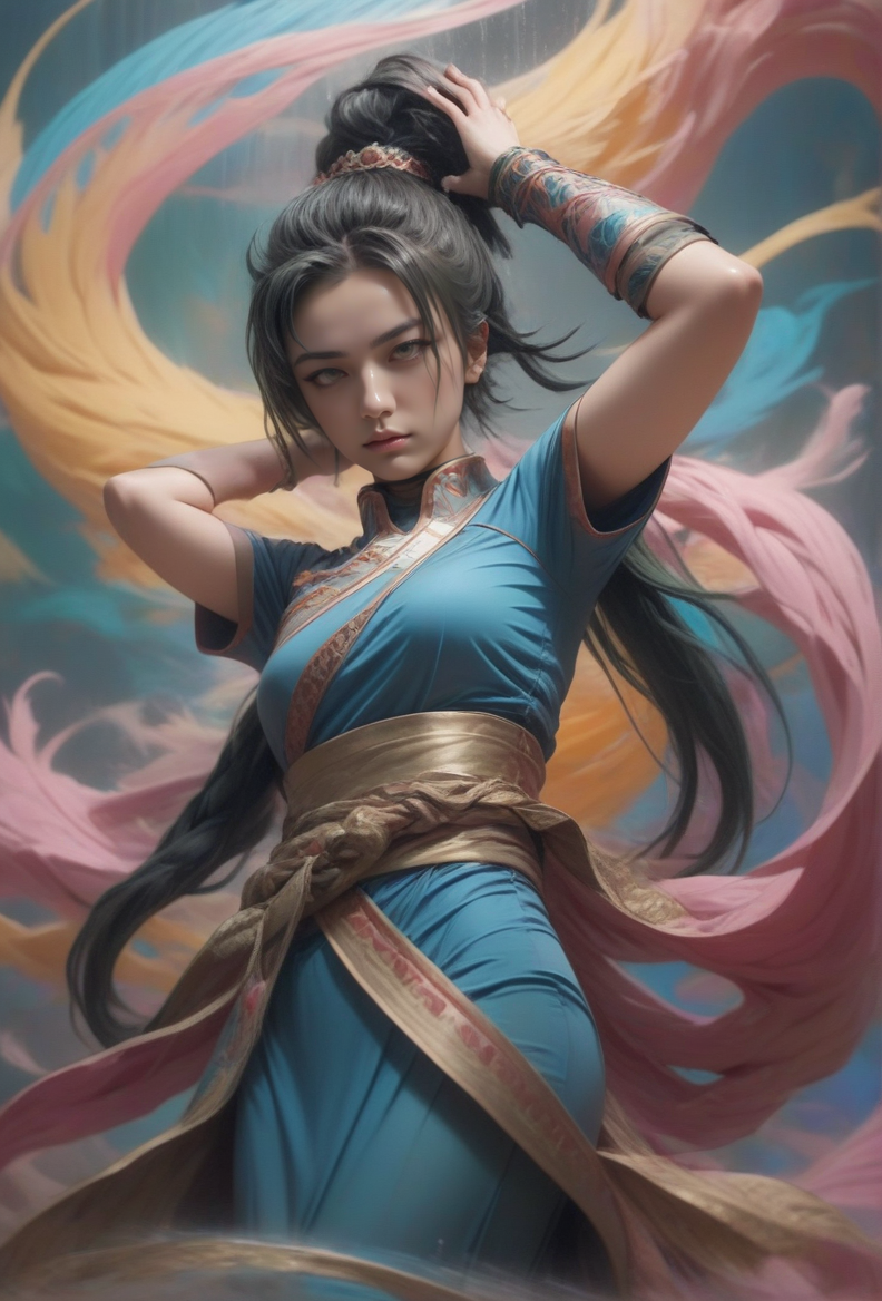 Psychedelic style <lora:fightdress_SDXL_reg_:1>,1girl,25yo,fighting,the background is a huge buddha statue and pagoda,cannot fail,black hair,hair bun,<lora:tangwei_SDXL_1_:1>,blush,sweat,Tsundere,in pouring rain, . Vibrant colors, swirling patterns, abstract forms, surreal, trippy