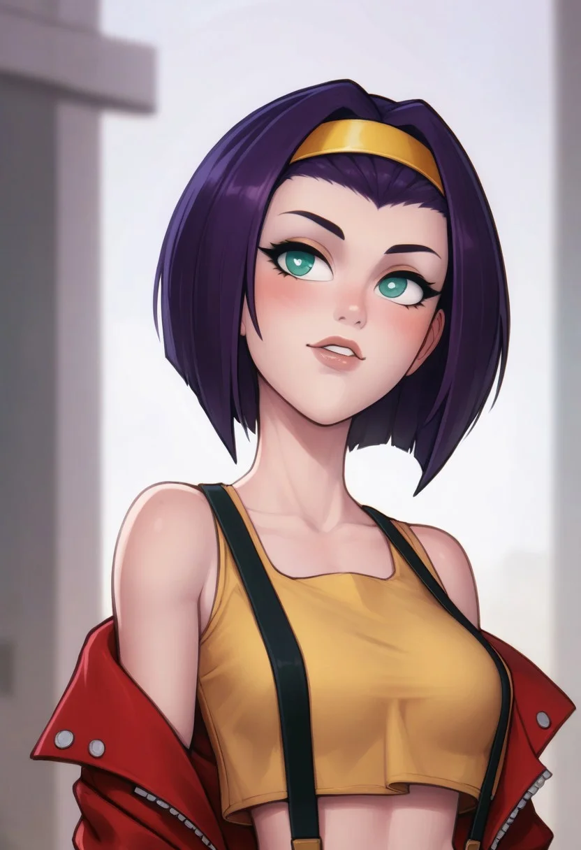 score_9, score_8_up, score_7_up, score_6_up, PRSNL_3_1, uncensored, pupils black dots, lips,
upper body,
Faye Valentine (character), 1girl, solo, purple hair, short hair, green eyes | Faye normal outfit, hair band, yellow crop top, off shoulder red jacket, suspenders, midriff, yellow shorts, white footwear, pink thighhighs