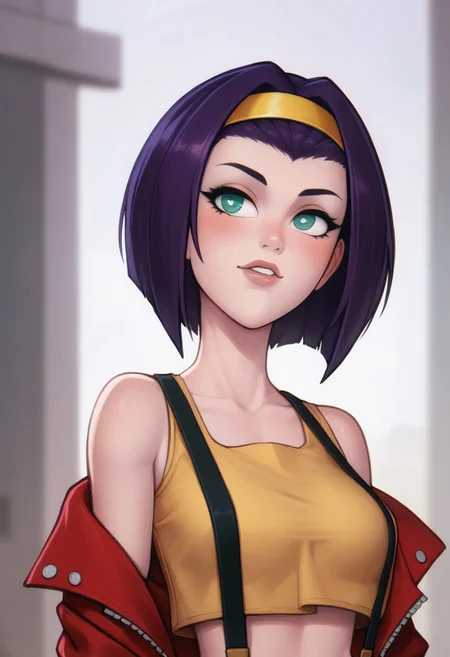 score_9, score_8_up, score_7_up, score_6_up, PRSNL_3_1, uncensored, pupils black dots, lips,
upper body, 
Faye Valentine (character), 1girl, solo, purple hair, short hair, green eyes | Faye normal outfit, hair band, yellow crop top, off shoulder red jacket, suspenders, midriff, yellow shorts, white footwear, pink thighhighs