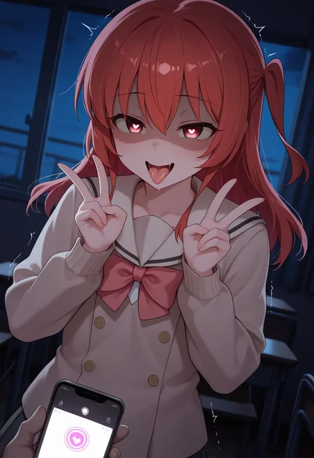 masterpiece,best quality,amazing quality, 1 girl,kita ikuyo,shaded face,dark,hypnosis app, smartphone controler, hypnosis,dutch angle,mind control,heart effect,(saliva:0.8),classroom,night,red eyes, mocking smile,heart-shaped pupils ,darkface,open mouth,trembling, o-face,double peace hands,tongue out,like devil,falling into darkness,