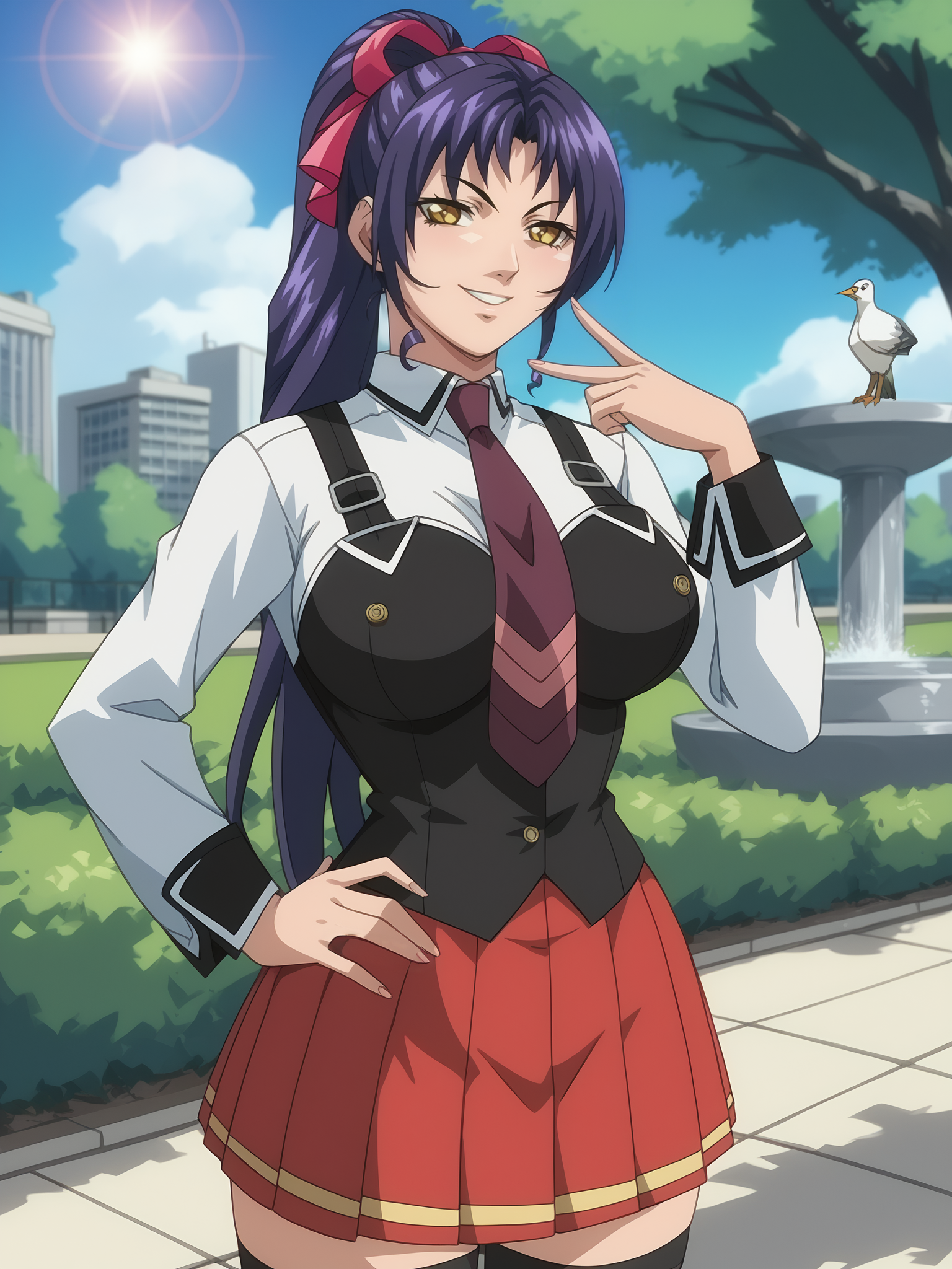 score_9, score_8_up, score_7_up, score_6_up, uncensored, depth of field, sidelighting, lens flare, shiny, shadow, bloom, BREAK
Kozono Nami, 1girl, solo, standing, hands on own hip, hand up, slit throat \(gesture\), cowboy shot,
looking at viewer, smirk, parted lips,
yellow eyes, long hair, purple hair, high ponytail, hair ribbon,
school uniform, long sleeves, (vest:1.1), suspenders, red necktie, black thighhighs, pleated skirt, loafers,
curvy, large breasts,
outside, park, city, day, fountain, birds, butterfly, tree,
<lora:Kozono Nami3216PDXL:1>