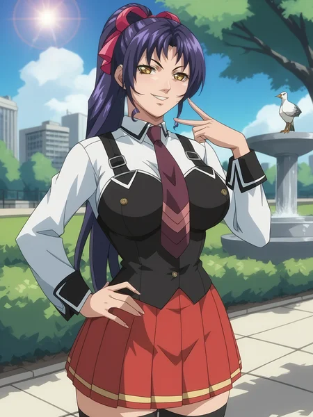 score_9, score_8_up, score_7_up, score_6_up, uncensored, depth of field, sidelighting, lens flare, shiny, shadow, bloom, BREAK
Kozono Nami, 1girl, solo, standing, hands on own hip, hand up, slit throat \(gesture\), cowboy shot,
looking at viewer, smirk, parted lips,
yellow eyes, long hair, purple hair, high ponytail, hair ribbon,
school uniform, long sleeves, (vest:1.1), suspenders, red necktie, black thighhighs, pleated skirt, loafers,
curvy, large breasts,
outside, park, city, day, fountain, birds, butterfly, tree,
<lora:Kozono Nami3216PDXL:1>