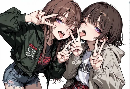lazypos, girl focus, 2girls, multiple girls, v, long hair, brown hair, double v, mole, mole under eye, tongue, short hair, white background, hoodie, simple background, jacket, skirt, tongue out, one eye closed, open mouth, shorts, hood, licking, belt, shirt, purple eyes, open clothes, niniastyle