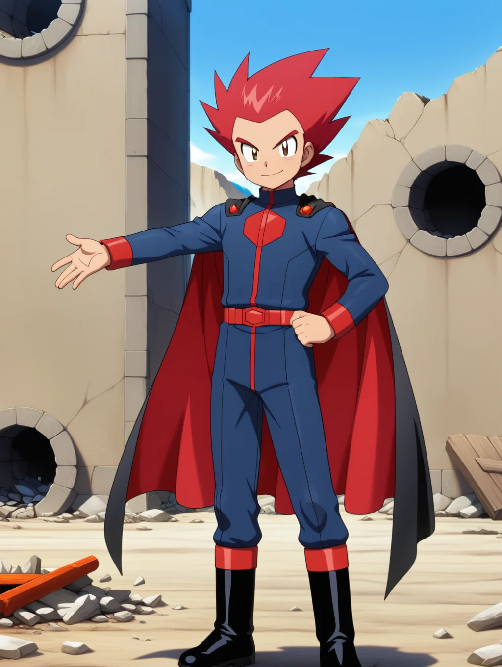 masterpiece, best quality, amazing quality, highres, ultra-detailed, anime screencap, detailed skin, shiny skin, more detail XL, simple background, BREAK, outdoors, simple background, sky, riverside, very aesthetic, perfect anatomy, perfect proportions, BREAK, solo, male focus, wataru_gs, red hair, spiked hair, brown eyes, swept-back hair, BREAK, standing, happy, stretched arms, hand on hip, upright posture, looking at viewer, BREAK, dark-blue jumpsuit, red decorative clothing, long sleeves, red hems, red belt, black footwear, boots, (boots with red strim), black and red cape