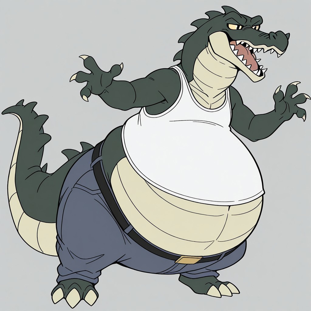 1boy, solo, official art, masterpiece, best quality, amazing quality, male, males only, male focus, Carv, crocodile, scalie, green skin, tan belly scales, head spikes, tail spikes, claws, tan claws, 4 fingers, 3 toes, tan sclera, black pupils, long snout, sharp teeth, long tail, bottom heavy, overweight, ((big belly:1.9)), white tank top, blue jeans, belt, male, solo, high quality, detailed, amazing shading, digital art, masterpiece