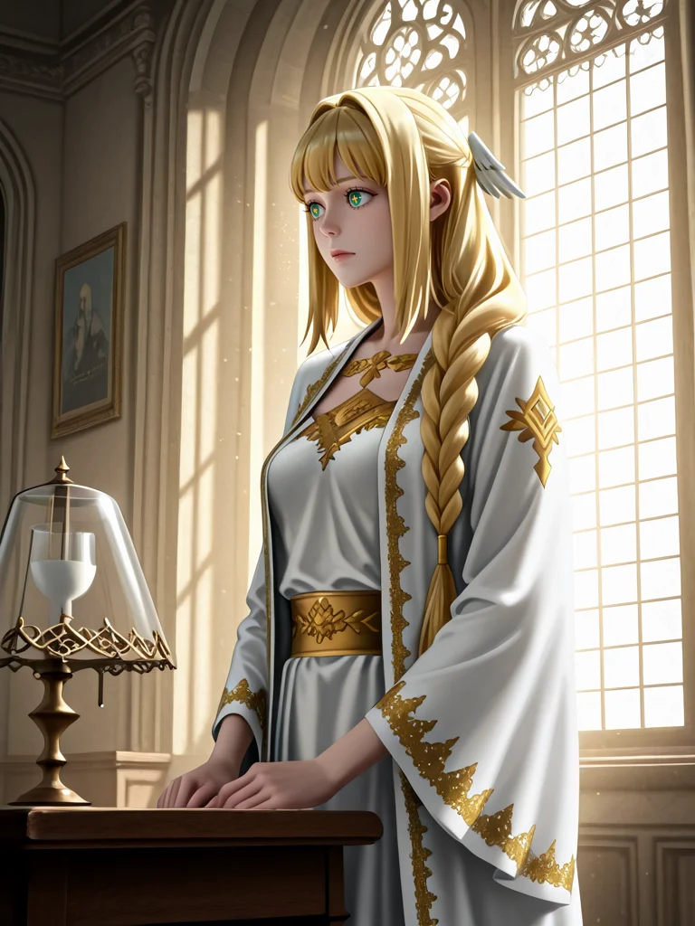 masterpiece,high quality,highres,absurdres,(<lora:Dolores Quovadis22:1>,1 girl,solo,long hair straight hair,blonde hair,thick braid,long braid,straight fringe,wing hair ornament,green eyes,cross pupils || Dolores_Quovadis_ceremonial,white ceremonial dress,long robe,gold embroidery,golden trim,wide sleeves,high waist sash),
light rays filtering through a castle window, a princess writing letters at her grand desk.,
<lora:Half_Art_Style_IL:1>,