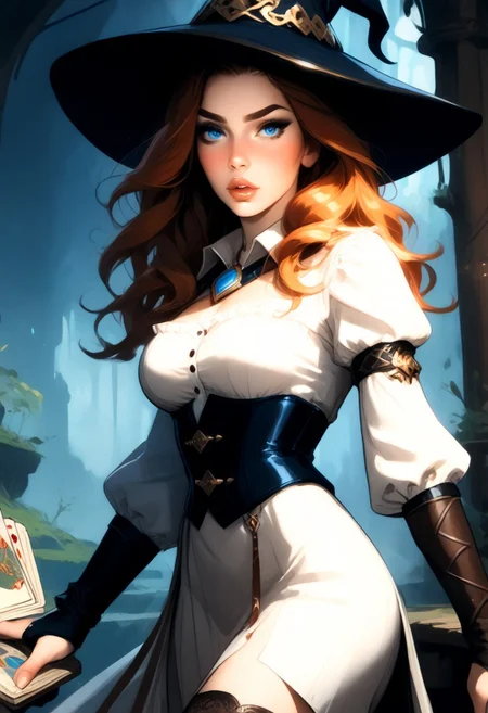 Safe_pos, (score_9, score_8_up, score_8), (((T4R0TH, T4R0TH CARD, tarot))), ((zPDXL3)), ultra detailed, high resolution, high quality, masterpiece, intricate details, intricate body, intricate landscape, knva, Expressiveh, hkmagic, missfortune, European Instagram Model, Sorceress, Wizard, Casting Thunder Magic Spells, Magic Circle, Thigh Strap, Tavern, midnight, 1girl, source_cartoon, Petite, ((Dark-Auburn Hair, Blue Eyes, Full Lips, Delicate and Smooth Skin, Blush Perfect Body, Highly Detailed, Glossy Lips)), ((Witch Hat)), Beautiful, Attractive, (Long Hair, Shiny Hair), (perfect round breasts, large breasts), (Wizard), ((Femme Fatale)), Tight-Fitting Blue-and-White Dress, Corset, Sexy, Belt, Brown Thigh-High Boots, Fantasy, Medieval, ((Extremely Detailed Face and Eyes)), Looking at Viewer, Soft Lighting, Warm Lighting, Unique Angle, Unique Perspective, Dramatic Angle, ((Full Body)), From Above, Side Shot, ((Arched Back, Leaning Back)), Tomes in Background, Magic Book, Ritual
<lora:add-detail-xl:1.5>,
<lora:Expressive_H:0.7>,
<lora:Kenva:1>,
<lora:incase_2024_new_style_upscaled_with_big_images:0.8>,
<lora:missfortune:0.65>,
<lora:Fantasy_Wizard__Witches_Pony:0.4>,