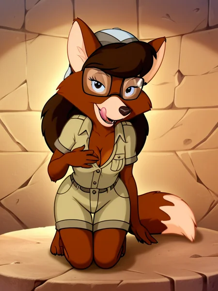 source_furry, 1girl, solo,  furry, furry female, tail,ultra high quality,ultra high resolution,ultra photorealistic,full body, seductive, very realistic,(extremely detailed), detailed background,,(masterpiece, best quality, high quality, highres, ultra-detailed), <lora:Myra_Foxworthy_Talespin pony:0.88> cartoon, flat colors, brown fur, rectangular glasses, long hair, anthro, fox, brown eyes, small breasts, long eyelashes, an image of myra foxworthy, olive blouse,licking own lips,presenting breasts,leaning slighlty forward,cleavage,seductive eyes,half closed eyes,facing viewer,slightly open mouth,desert dunes,cartoon ,