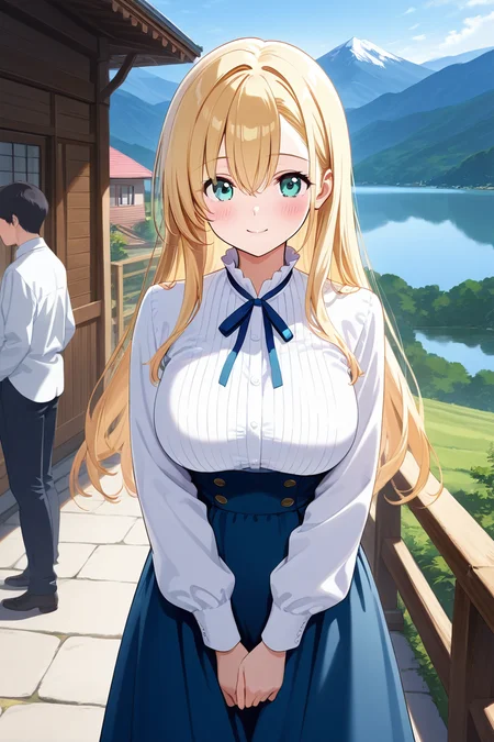 1girl, long hair, large breasts, looking at viewer, blush, smile, bangs, skirt, blonde hair, shirt, long sleeves, ribbon, hair between eyes, green eyes, white shirt, pinstripe shirt, solo focus, aqua eyes, (blue skirt), blue ribbon, (long skirt), house, outdoor, mountain, lake, standing, cowboy shot, high-waist skirt, <lora:Primula_Mallow_AOITS_ill:1> alone,