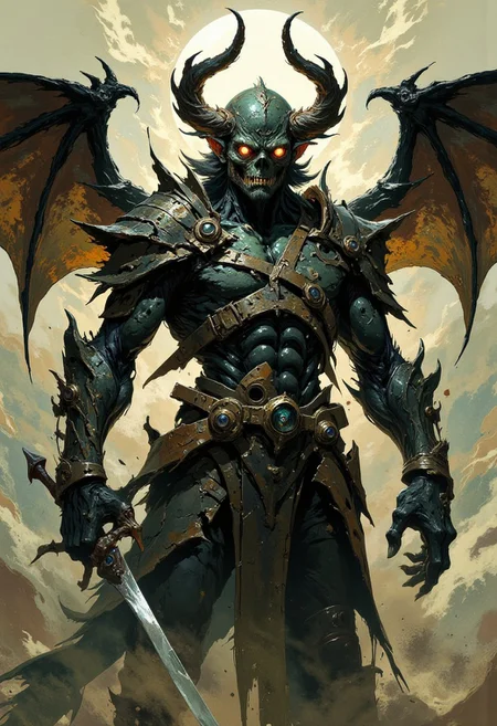 masterpiece, high-quality, photorealistic mythic warrior scene, twisted, horned male figure stands before you, exuding an aura of menace. Its asymmetrical body immediately draws attention: one arm is grotesquely oversized, with bulging muscles and jagged veins, while the other is slender but sinewy, gripping a wickedly sharp weapon—perhaps a dagger or a jagged sword. The horns curve upward from its head, uneven and gnarled, resembling cracked branches or molten stone. Its leathery bat-like wings stretch wide, one slightly torn, adding to its air of chaos. The creature's skin is dark and textured, like roughened stone or scarred leather, and its mismatched glowing eyes—one larger than the other—seem to pierce the soul. <lora:FLUX\FLUX-daubrez-DB4RZ:0.3> <lora:FLUX\ArcaneFGTNR:0.5> <lora:FLUX\VividlySurrealApex:0.6> <lora:FLUX\Anime v1.3:0.5>