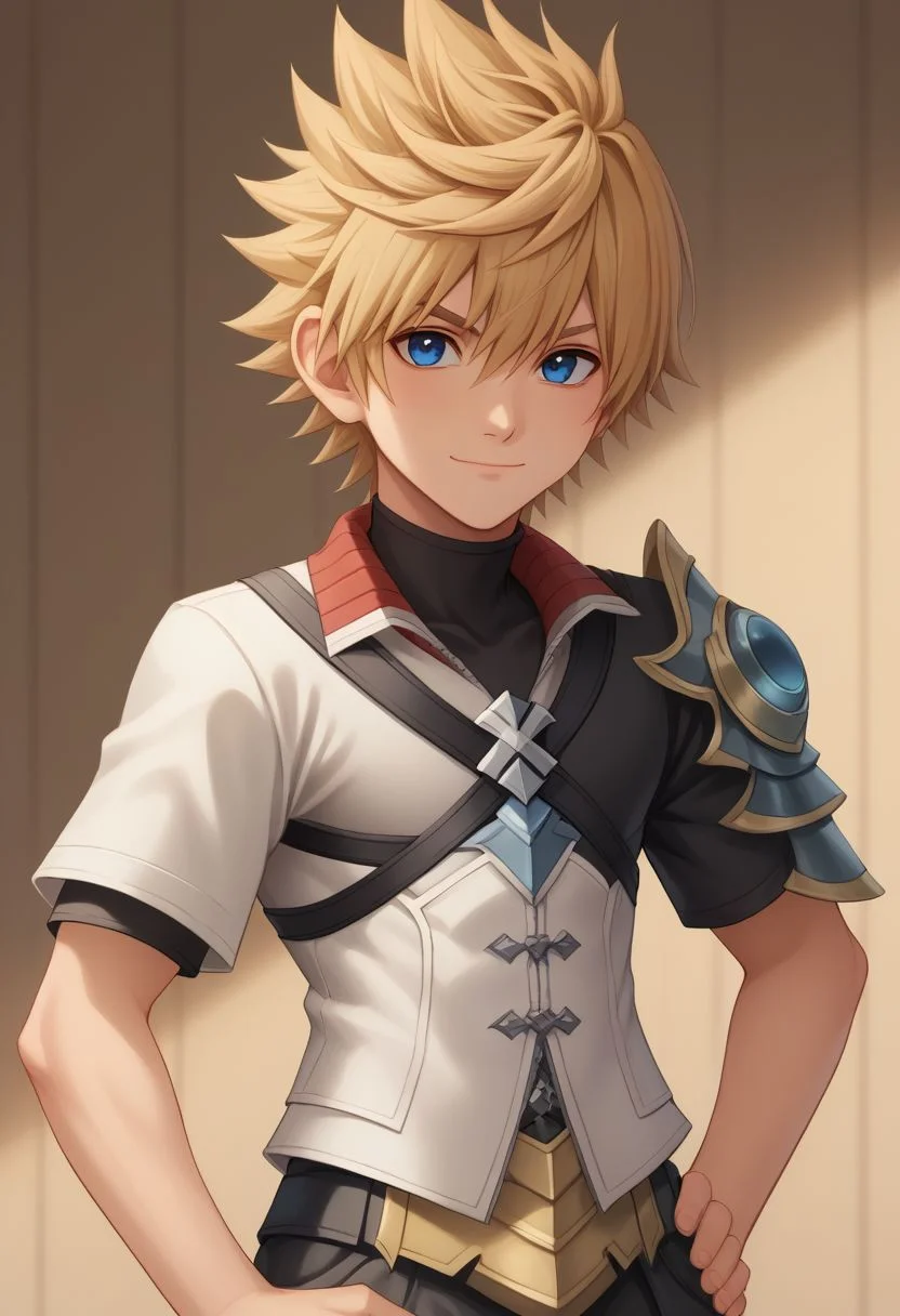 score_9, score_8_up, source_anime, highly detailed, 1boy, solo, male_focus, slender, skinny,
ventus, solo, 1boy, blue eyes, male focus, spiked hair, upper body, armor,
looking at viewer, closed mouth, shoulder armor, hair between eyes, blonde hair,
short hair, hand on hips, smile
outdoor