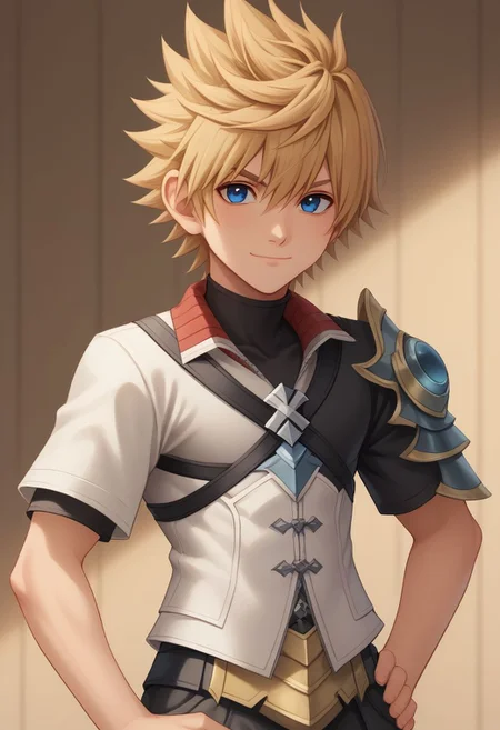 score_9, score_8_up, source_anime, highly detailed, 1boy, solo, male_focus, slender, skinny,
ventus, solo, 1boy, blue eyes, male focus, spiked hair, upper body, armor,
looking at viewer, closed mouth, shoulder armor, hair between eyes, blonde hair,
short hair, hand on hips, smile
outdoor
