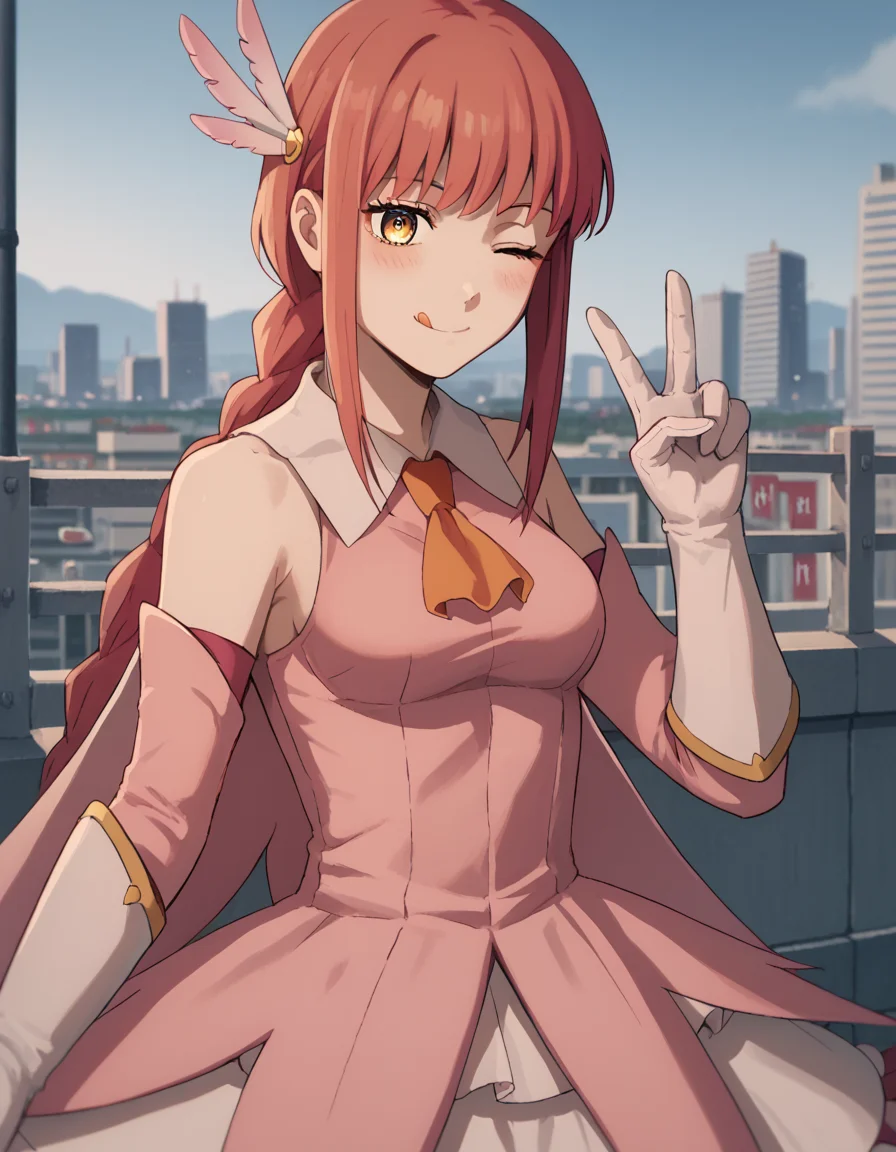 score_9, score_8_up, score_7_up, source_anime, makima, <lora:chainsaw-man-makima-s1-ponyxl-lora-nochekaiser:1> makima, long hair, smile, bangs, yellow eyes, braid, red hair, braided ponytail, ringed eyes, medium breasts,, <lora:prisma-illya-cosplay-ponyxl-lora-nochekaiser:1>, prismaillyacosplay, prisma illya \(cosplay\), dress, elbow gloves, feather hair ornament, feathers, frilled dress, frills, gloves, hair ornament, layered gloves, magical girl, orange ascot, pink dress, pink feathers, pink gloves, pink sleeves, white gloves,, cityscape, street, smile, blush, v, v over eye, one eye closed, tongue out,, cowboy shot, dutch angle, solo,