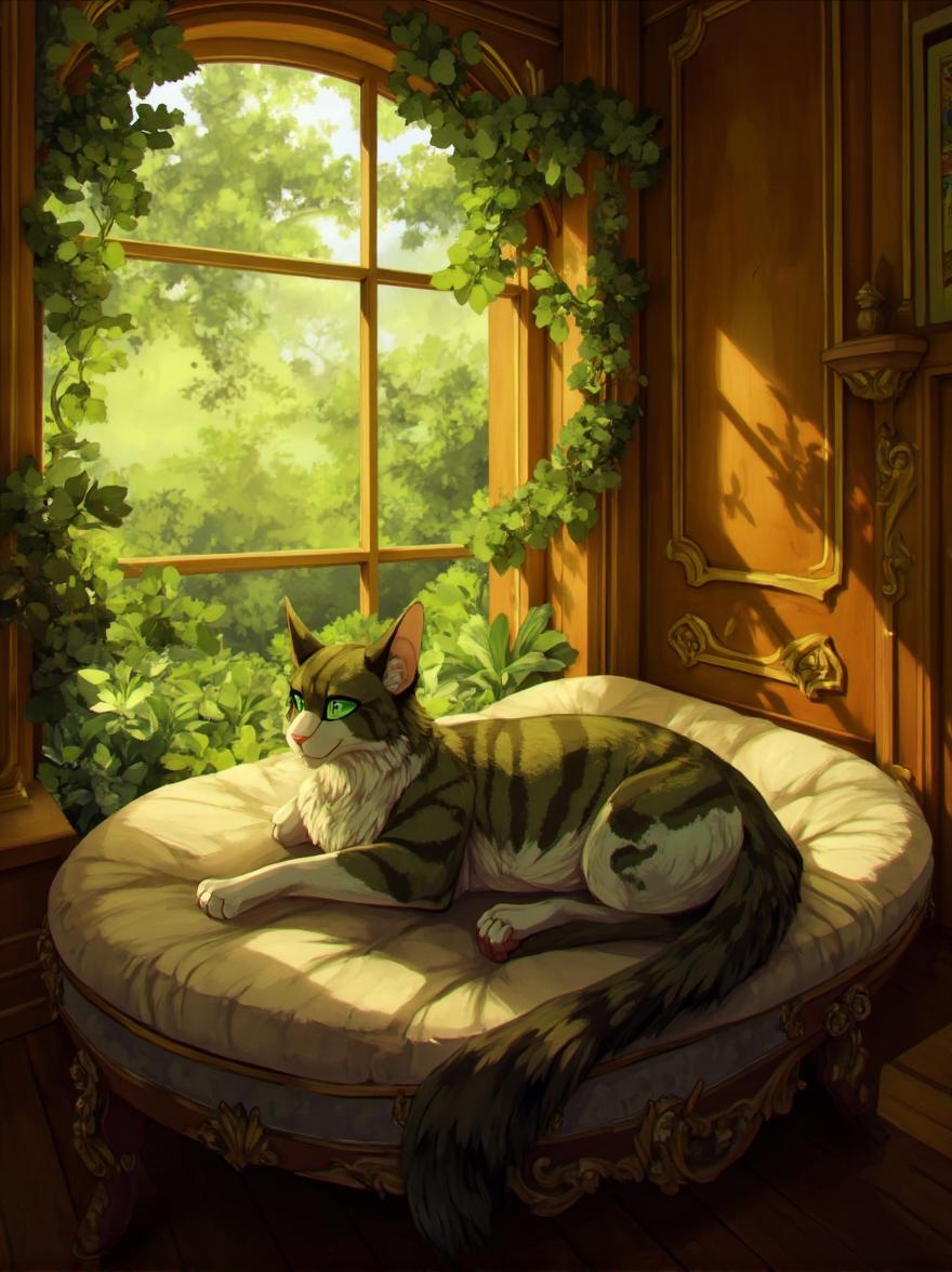 <lora:ck-LttleGhost-000011.safetensors:1> in the style of ck-lttlegh0stIn a sun-drenched alcove filled with lush greenery, a stunning cat lounges on an ornate cat bed. Its emerald eyes seem to gaze into the distance as it stretches out across the plush surface. The room is bathed in warm light that accentuates the intricate wood paneling and molding, casting a serene ambiance.