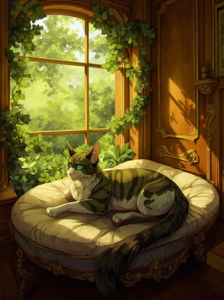 <lora:ck-LttleGhost-000011.safetensors:1> in the style of ck-lttlegh0stIn a sun-drenched alcove filled with lush greenery, a stunning cat lounges on an ornate cat bed. Its emerald eyes seem to gaze into the distance as it stretches out across the plush surface. The room is bathed in warm light that accentuates the intricate wood paneling and molding, casting a serene ambiance.