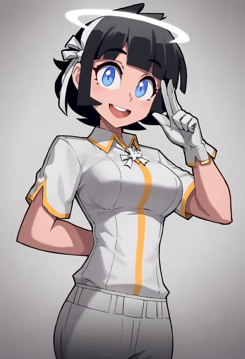 1girl, black hair, blue eyes, gloves, solo, halo, white gloves, pants, short hair, angel, shirt, arm behind back, hair ribbon, open mouth, smile, ribbon, white shirt, cross, Azazel heltaker, huge tits