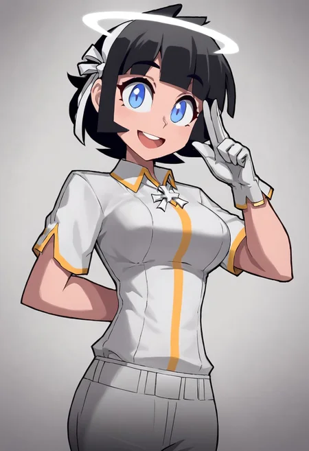 1girl, black hair, blue eyes, gloves, solo, halo, white gloves, pants, short hair, angel, shirt, arm behind back, hair ribbon, open mouth, smile, ribbon, white shirt, cross, Azazel heltaker, huge tits