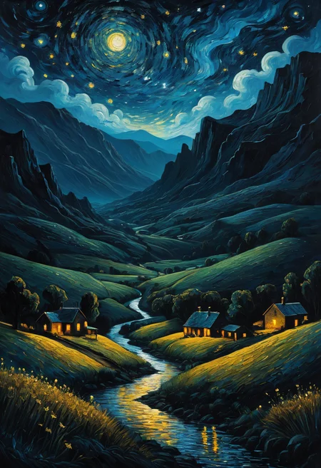 score_9, score_8_up, score_7_up, score_7, score_6_up, an oil painting of fantasy in heat, silhouette on Hidden valley, style of van gogh, starry night vibes, expressionism, gloomy, dark tones, unforgettable, dark fantasy, fantasy, emotional depth. (vibrant masterpiece, (8k1.5), UHD, very detailed, high-quality, best artist, sharp edges, detailed textures, full view, atmospheric lighting, stunning visuals)
