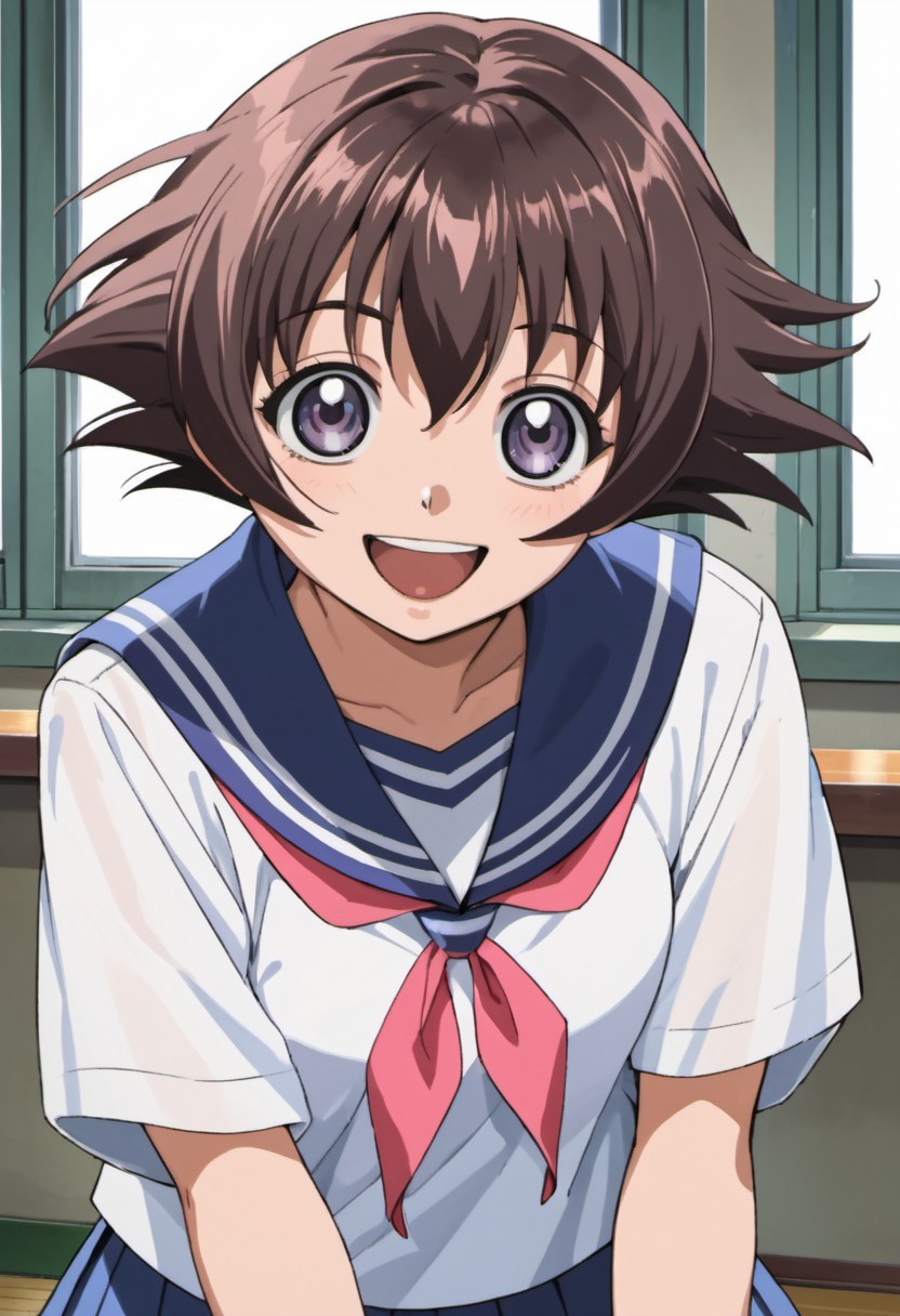 score_9, score_8_up, score_7_up, source_anime, shirahama honoka, brown hair, short hair, purple eyes, 1girl, solo, school uniform, open mouth, smile, serafuku