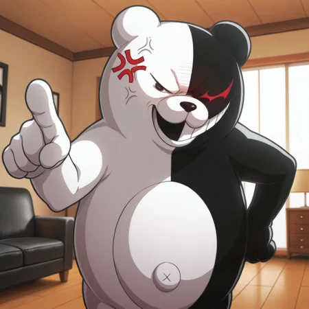 masterpiece, best quality, amazing quality, monokuma, male, furry male, anthro, solo, bear, white fur, black fur, two-tone fur, round ears, black eye, red eye, black nose, teeth, belly button, bear tail, standing, angry, anger vein, pointing, indoors, living room