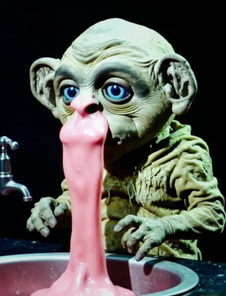 Nukie the knockoff alien is radioactive green as profuse quantities of gooey pink snot gush from his faucet nostrils