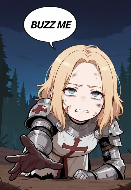 masterpiece, best quality, amazing quality, chibi, 1girl, surcoat, armor, upper body, forehead, blonde hair, disheveled hair, ((solo)), forest background, castle background, ((on all fours, reaching, outstretched arm, dirt on face, dirt on armor, abrasions, wounds on face, half-open eyes, pain face, torn clothes)), night, (white speech bubble,english text,talking, BUZZ ME:1.2)