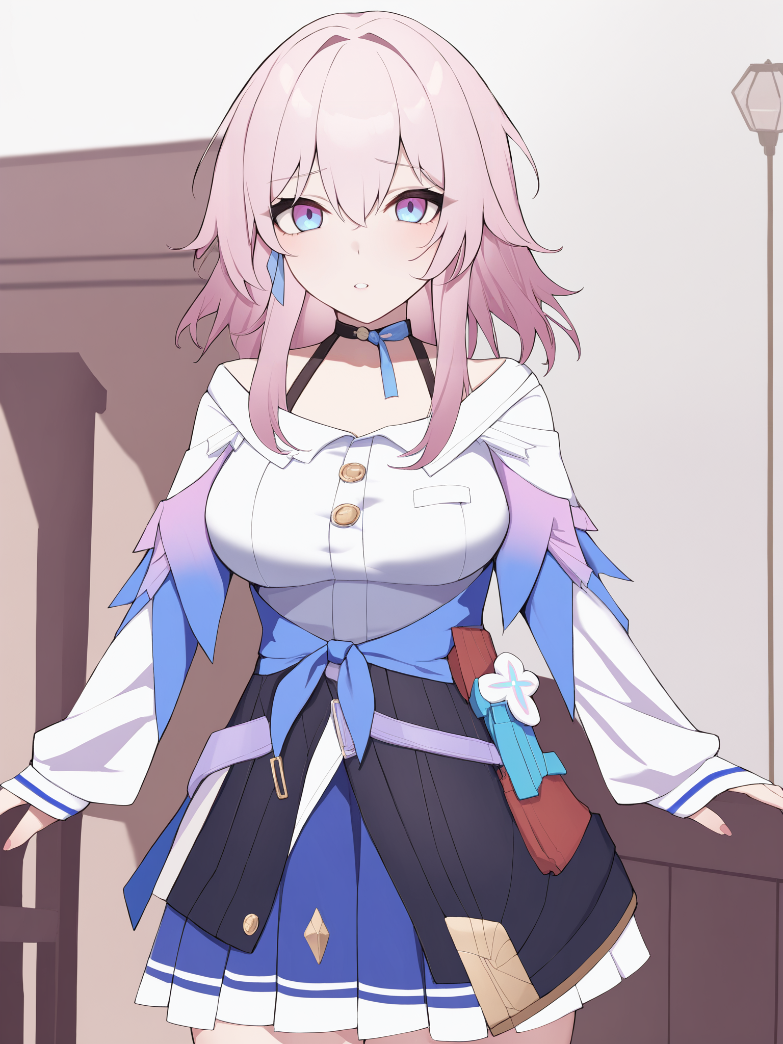<lora:xl_march 7th(kohaku_delta)2:1>,march 7th is a girl with pink hair and pink blue eyes,she is wearing the 'sanyueqi' outfit which includes white blue dress,, masterpiece, best quality,