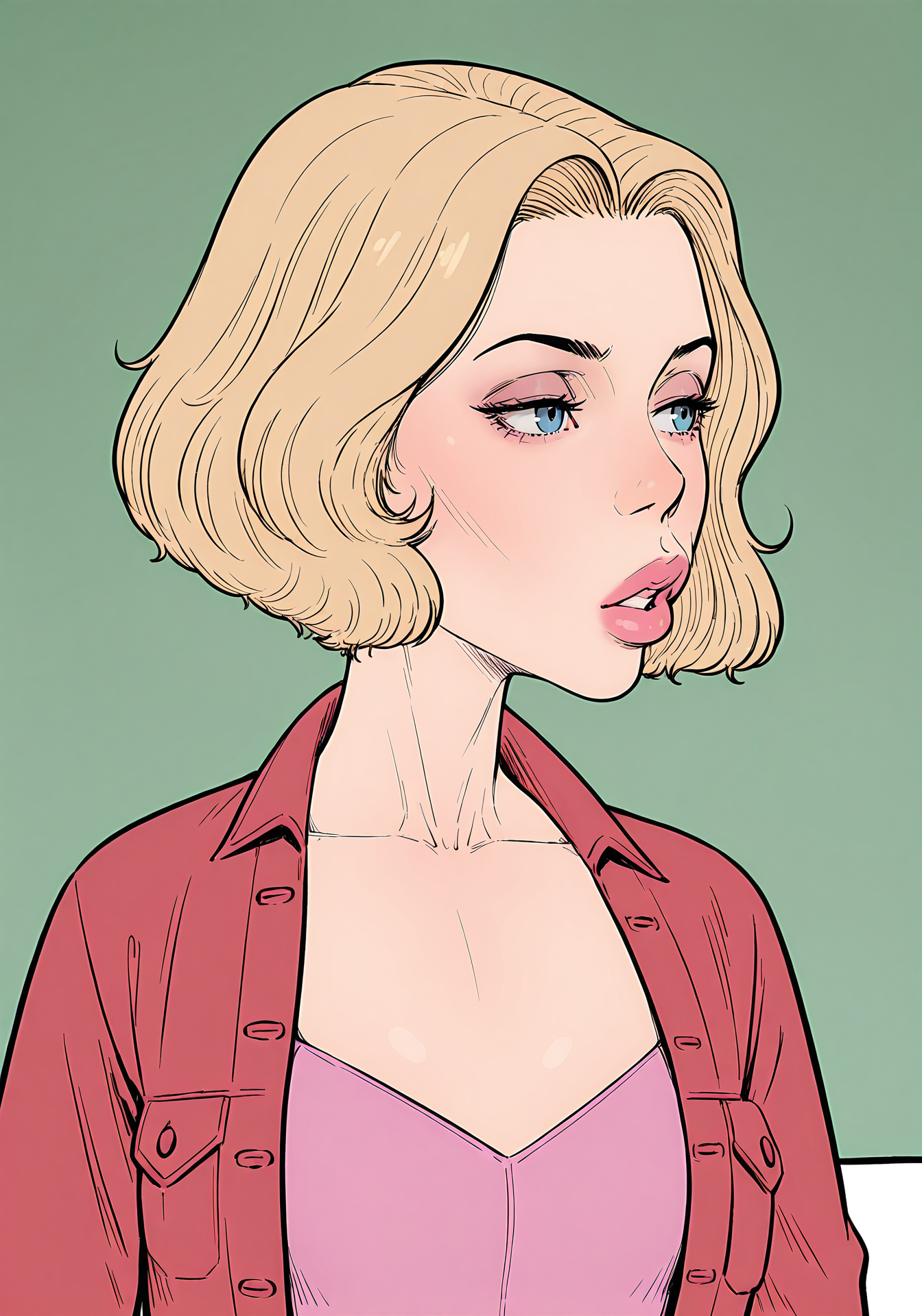absurdres, 8k, high resolution, masterpiece, best quality, absolutely fantastic art, amazing quality, very aesthetic,1girl, solo, <lora:dilfdetected:.8>, dilfdetected, blonde, short hair, lipstick, lips, red jacket, parted lips, upper body