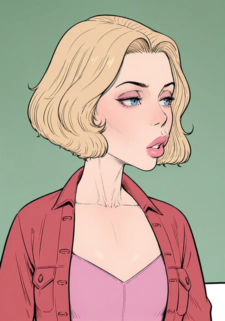 absurdres, 8k, high resolution, masterpiece, best quality, absolutely fantastic art, amazing quality, very aesthetic,1girl, solo, <lora:dilfdetected:.8>, dilfdetected, blonde, short hair, lipstick, lips, red jacket, parted lips, upper body