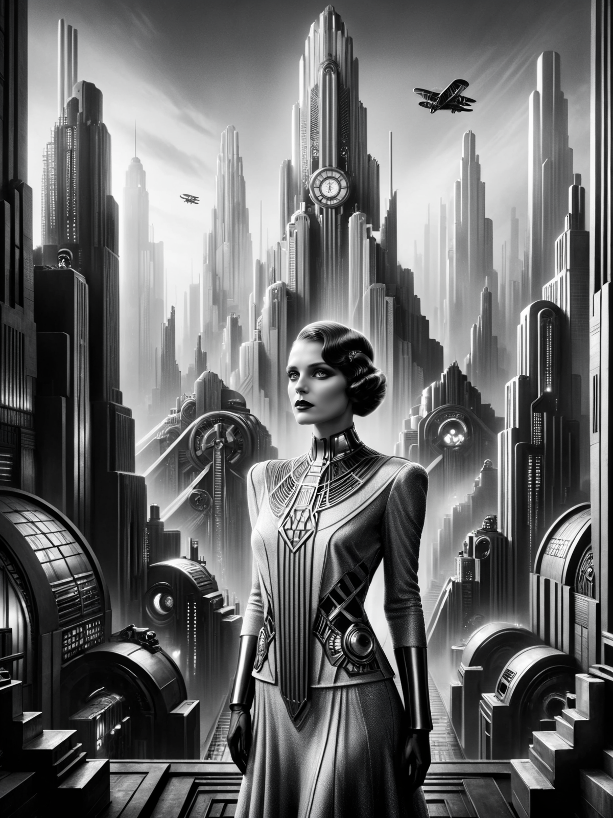 woman, futuristic, stylized, art deco,  1920s, black and white, bold geometric shapes, focus on the towering and industrial cityscape in the background <lora:Metropolis_Movie_Style_SDXL:1> mad-ropolis-movie, masterpiece, best quality, ultra high res, (photorealistic, realistic:1.2), deep shadow, raw photo, film grain, Fujifilm XT3, 8k uhd, dslr