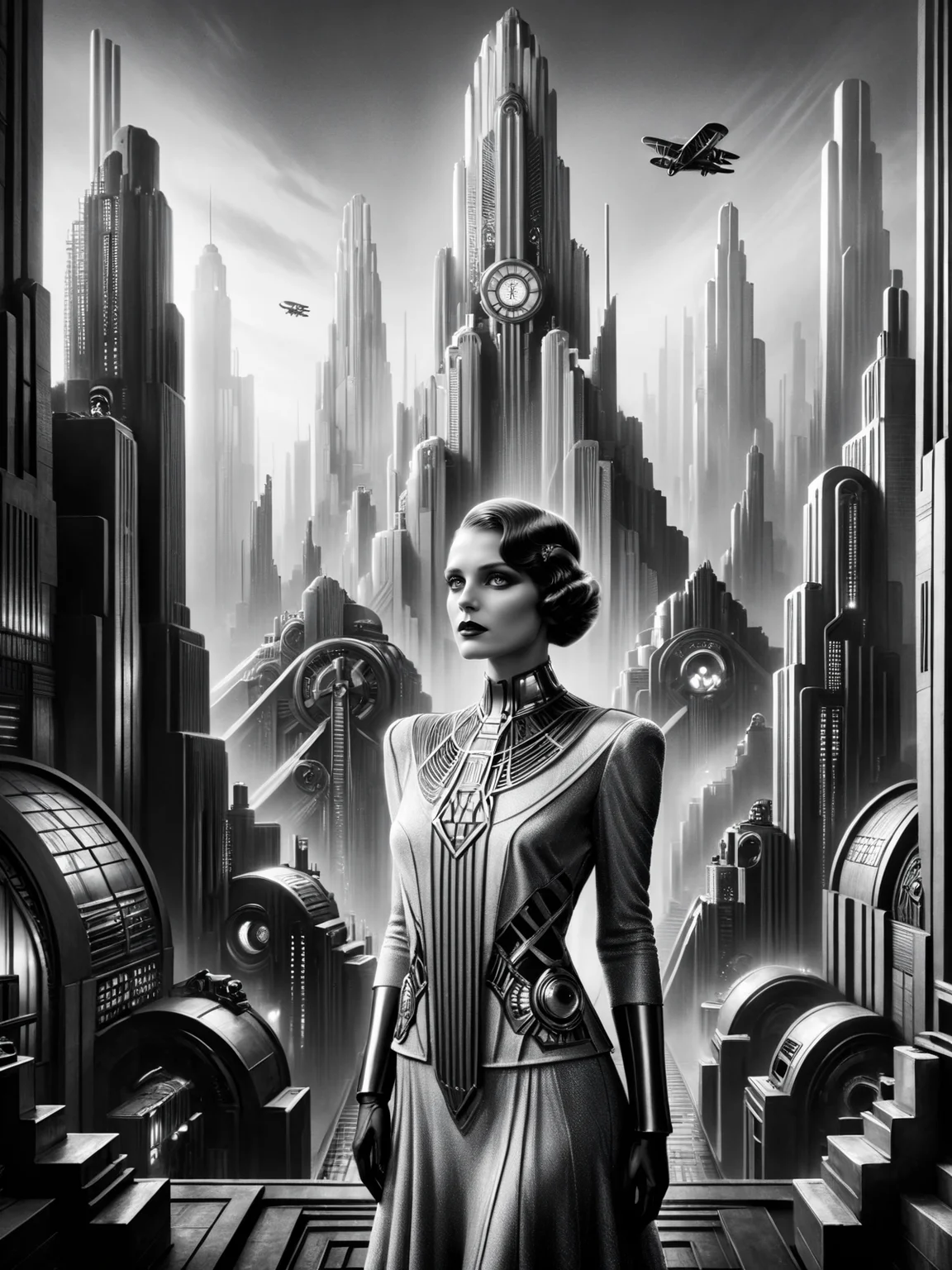 woman, futuristic, stylized, art deco, 1920s, black and white, bold geometric shapes, focus on the towering and industrial cityscape in the background <lora:Metropolis_Movie_Style_SDXL:1> mad-ropolis-movie, masterpiece, best quality, ultra high res, (photorealistic, realistic:1.2), deep shadow, raw photo, film grain, Fujifilm XT3, 8k uhd, dslr