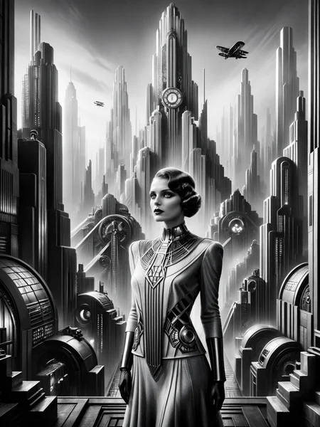 woman, futuristic, stylized, art deco, 1920s, black and white, bold geometric shapes, focus on the towering and industrial cityscape in the background <lora:Metropolis_Movie_Style_SDXL:1> mad-ropolis-movie, masterpiece, best quality, ultra high res, (photorealistic, realistic:1.2), deep shadow, raw photo, film grain, Fujifilm XT3, 8k uhd, dslr