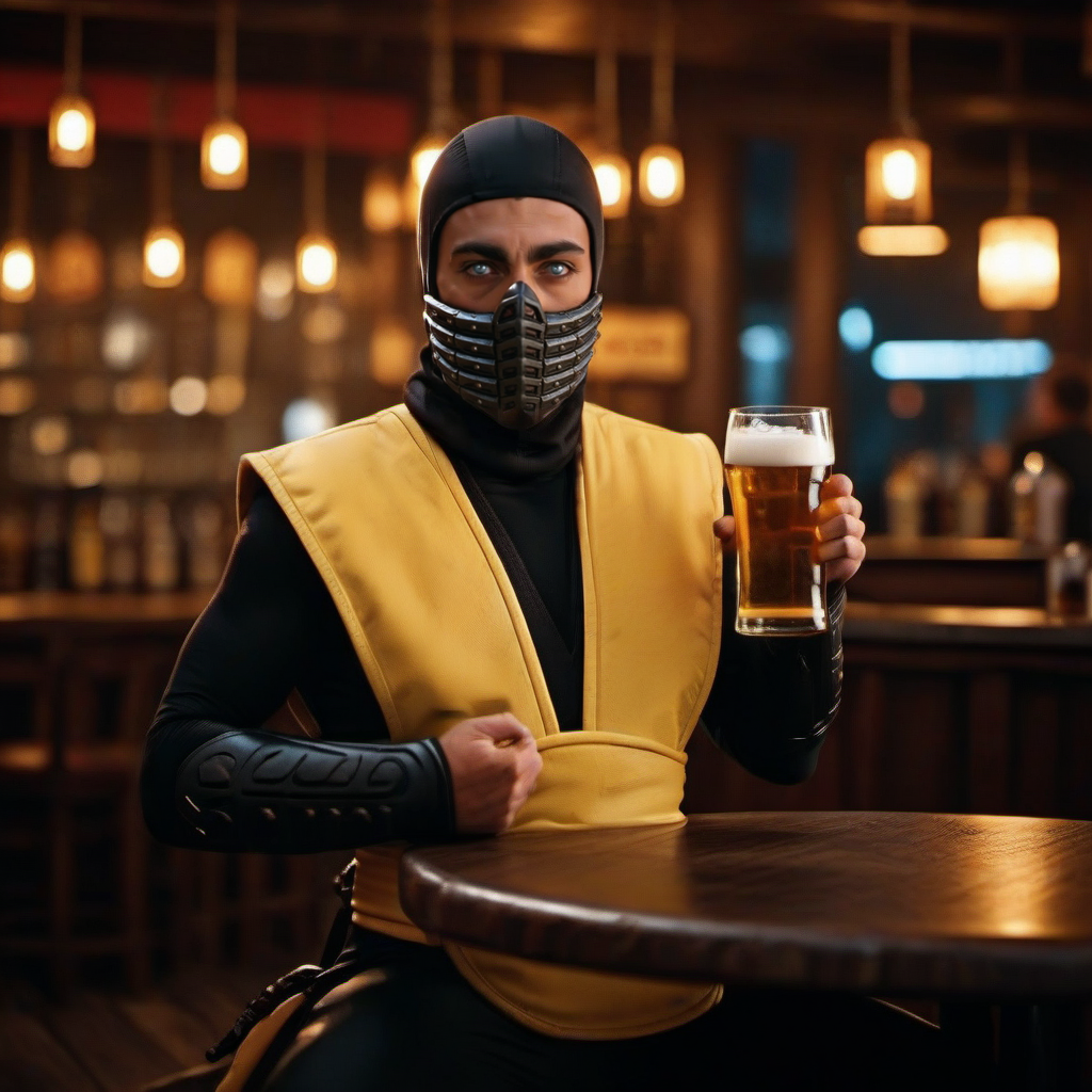 cinematic photo a ninja 1boy with a mask, white eyes, having a beer in a pub  <lora:Scorpion1995-1024:0.8> . 35mm photograph, film, bokeh, professional, 4k, highly detailed