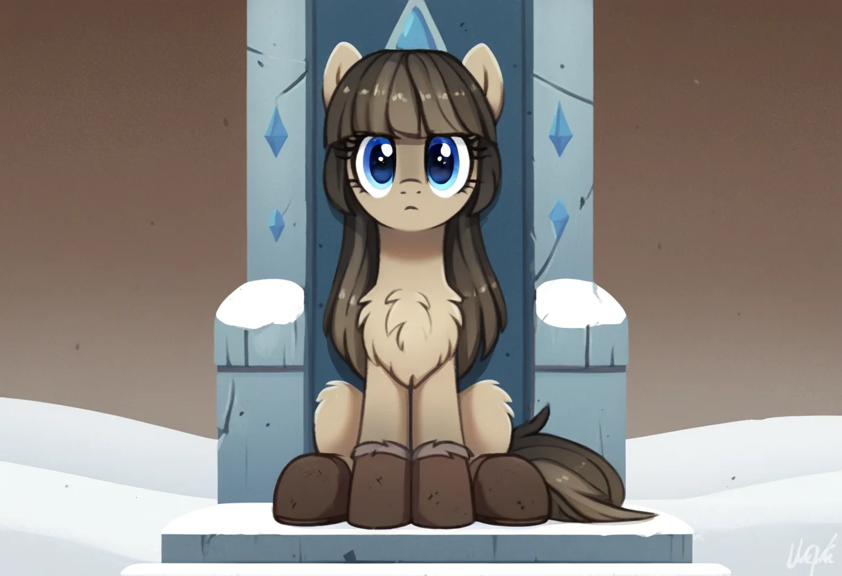score_9, score_8_up, score_7_up, score_6_up, score_5_up, score_4_up, rating_safe, oc:current seeker, earth pony, female, mare, pony, solo, boots, chest fluff, oc, shoes, sitting, throne, oc only, futhark, uggs, yakutian horse, snow mare, detailed, beautiful, <lora:Snow_Ponies-000008:1>