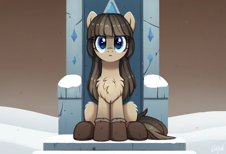 score_9, score_8_up, score_7_up, score_6_up, score_5_up, score_4_up, rating_safe, oc:current seeker, earth pony, female, mare, pony, solo, boots, chest fluff, oc, shoes, sitting, throne, oc only, futhark, uggs, yakutian horse, snow mare, detailed, beautiful, <lora:Snow_Ponies-000008:1>
