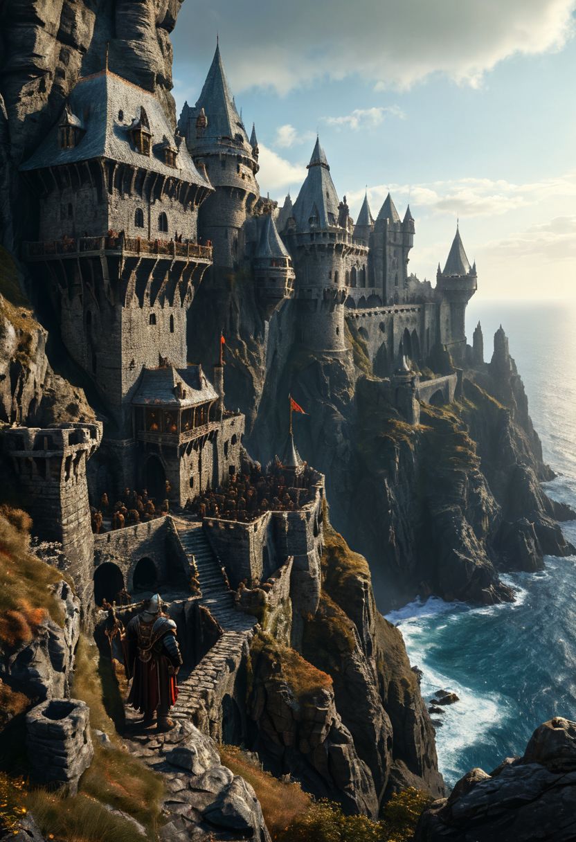 extremely detailed, hero shot, high detail, hires textures, incredibly detailed, intricate details, intricate diorama, masterpiece, outstanding intricacies, photorealism, true masterpiece, cliff background, pleasant, Stately, ( dnd fantasy, a group of humans and elves and dwarves in the foreground in a fantasy world, castle fortress on distant cliffside), with fantasy antiquity-ships in the far-distant background near horizon