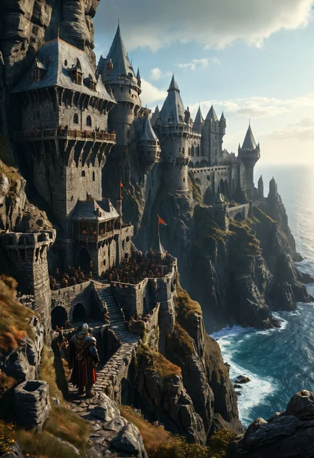 extremely detailed, hero shot, high detail, hires textures, incredibly detailed, intricate details, intricate diorama, masterpiece, outstanding intricacies, photorealism, true masterpiece, cliff background, pleasant, Stately, ( dnd fantasy, a group of humans and elves and dwarves in the foreground in a fantasy world, castle fortress on distant cliffside), with fantasy antiquity-ships in the far-distant background near horizon