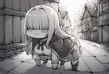 score_9, score_8_up, score_7_up, score_6_up, score_5_up, score_4_up, source_anime, uncensored, zPDXLxxx, <lora:intricate_details:0.5> intricate_details_xl, outdoors, town, sunlight, from side,
<lora:Momo_MCFIEC_v1.0:0.5> solo, long hair, (hair over eyes, blunt bangs, hime cut:1.1), monochrome, greyscale, hands on floor, knee boots, medium breasts, covered eyes, collarbone, long bangs, facing viewer, dress, cape, capelet,
<lora:Doro_X_PDXL_V1:1> doro, creature, :3, chibi, no humans, white skin, four legs