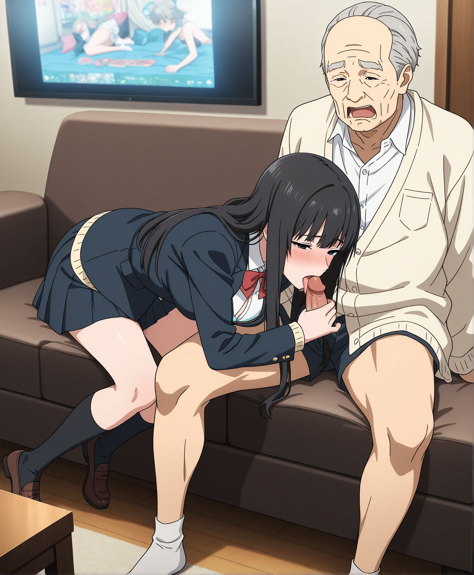 masterpiece,best quality,amazing quality,very aesthetic,absurdres,newest, huge filesize,
<lora:spo_sdxl_10ep_4k-data_lora_webui:0.5>,
<lora:add-detail-xl:1> anime screenshot, anime coloring, official art,   
1girl,  1man ,moaning, half-closed eyes, licking penis, ,couch, living room, tv, bra, fellatio, 
BREAK
<lora:Inuyashiki:0.8> Inuyashiki_v1,   embarrassed, 
black hair i_mari, long hair, medium breasts, 
skirt,school uniform,
socks, 
jacket,
blazer,
black eyes,i_mari,
BREAK
i_ichirou,
old man,
grey hair,
i_ichirou,