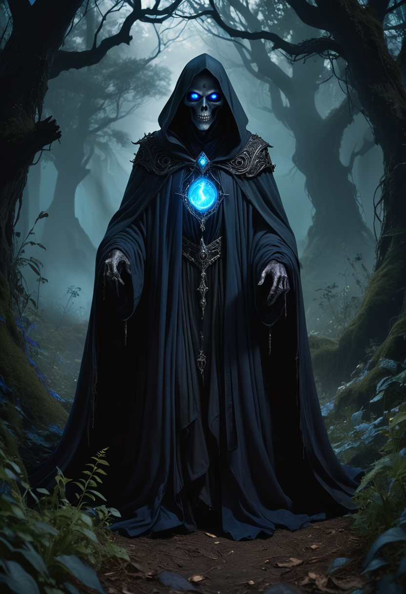 (medium full shot) of (ominous lich) with glowing blue eyes, wearing a midnight blue dark cloak, flowing robes, shadowy boots, bearing a soul gem, surrounded by surrounded by a dark aura, set in  an eerie forest, with overgrown vegetation, dark shadows, ghostly whispers, chilling atmosphere, at twilight, ,Masterpiece,best quality, raw photo, realistic, very aesthetic, dark