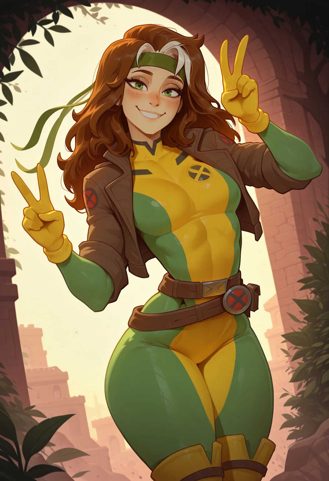 masterpiece,best quality, devilhsill, beautiful lighting, dramatic lighting,1girl, solo, X-MenRogue, white bangs, brown hair, green eyes, multicoloured bodysuit, green bodysuit, yellow bodysuit, brown jacket, smiling, looking at viewer, freckles, portrait, green headband, posing, happy long hair, medium breasts, thighs, yellow thigh-high boots, loose belt, three-prong belt, chest emblem, shoulder emblem, peace sign, peace sign with hands,depth of field, lakeside, peaceful shoreline, towering trees, idyllic setting,