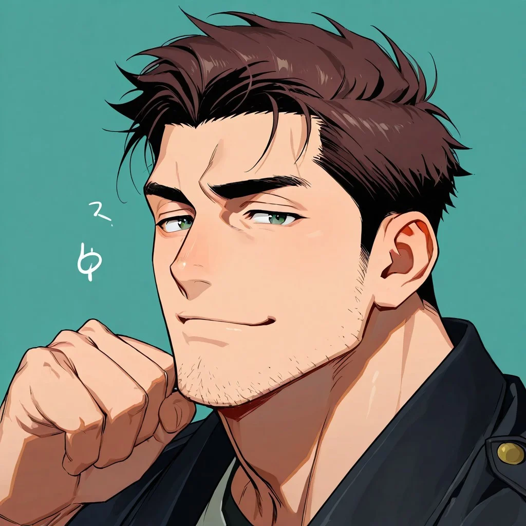 score_9,score_8_up,score_7_up, score_9, score_8_up, Intricate Details, Masterpiece, Best Quality, 1man, mature, bara, solo, male focus, correct anatomy, perfect hands, stylized seinen anime style, lots of details, shaded, detailed shading, detailed skin, counter shading, manly face, dark green eyes, striking features, a chiseled jawline and a stubble. His brown hair is short and neat, close up of face, small smirk