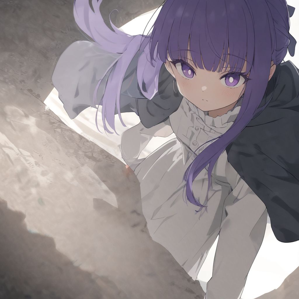 1girl, fern \(sousou no frieren\), sousou no frieren, purple hair, solo, purple eyes, bangs, hair ribbon, short hair, eyebrows visible through hair, dress, closed mouth, bright pupils, blunt bangs, hair bow, day, standing, white pupils, path, expressionless, black cloak, road, hood, black robe, black footwear, robe, younger, kneeling, shadow, hood down, sleeves past wrists, hooded cloak, white dress, black coat, shiny hair, v arms, child, black cape, looking up, coat, cape, black dress, from above, white sweater, jacket, skirt, long dress, hair ornament, short hair, white shirt, glowing eyes,, (dynamic pose, dynamic angle:1.5), (face focus, cowboy shot, close-up face, backlight:1.2), perfect features, intricate details, ray tracing, depth of field, ultra resolution image, (very aesthetic, newest, best quality, masterpiece:1.5), subtle blending, and an airy, dreamlike quality.),