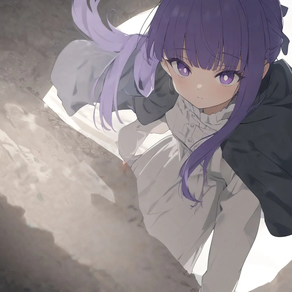 1girl, fern \(sousou no frieren\), sousou no frieren, purple hair, solo, purple eyes, bangs, hair ribbon, short hair, eyebrows visible through hair, dress, closed mouth, bright pupils, blunt bangs, hair bow, day, standing, white pupils, path, expressionless, black cloak, road, hood, black robe, black footwear, robe, younger, kneeling, shadow, hood down, sleeves past wrists, hooded cloak, white dress, black coat, shiny hair, v arms, child, black cape, looking up, coat, cape, black dress, from above, white sweater, jacket, skirt, long dress, hair ornament, short hair, white shirt, glowing eyes,, (dynamic pose, dynamic angle:1.5), (face focus, cowboy shot, close-up face, backlight:1.2), perfect features, intricate details, ray tracing, depth of field, ultra resolution image, (very aesthetic, newest, best quality, masterpiece:1.5), subtle blending, and an airy, dreamlike quality.),