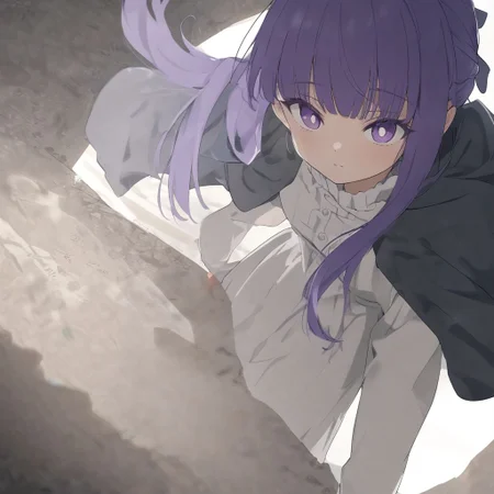 1girl, fern \(sousou no frieren\), sousou no frieren, purple hair, solo, purple eyes, bangs, hair ribbon, short hair, eyebrows visible through hair, dress, closed mouth, bright pupils, blunt bangs, hair bow, day, standing, white pupils, path, expressionless, black cloak, road, hood, black robe, black footwear, robe, younger, kneeling, shadow, hood down, sleeves past wrists, hooded cloak, white dress, black coat, shiny hair, v arms, child, black cape, looking up, coat, cape, black dress, from above, white sweater, jacket, skirt, long dress, hair ornament, short hair, white shirt, glowing eyes,, (dynamic pose, dynamic angle:1.5), (face focus, cowboy shot, close-up face, backlight:1.2), perfect features, intricate details, ray tracing, depth of field, ultra resolution image, (very aesthetic, newest, best quality, masterpiece:1.5), subtle blending, and an airy, dreamlike quality.),